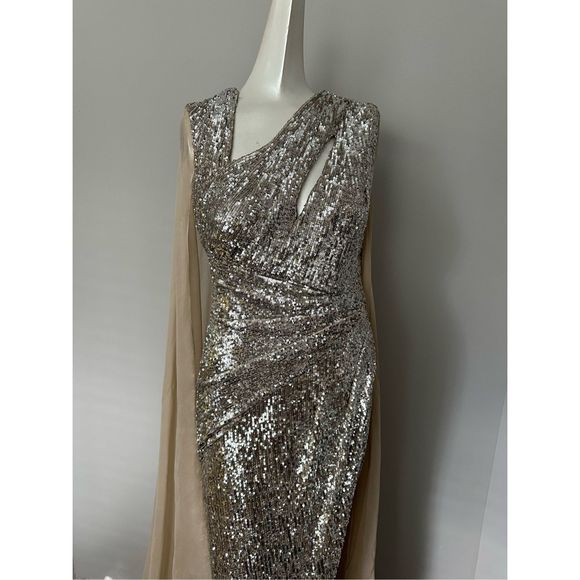 PAMELLA ROLAND Sequin Asymmetric Cape Gown - Picture 5 of 16